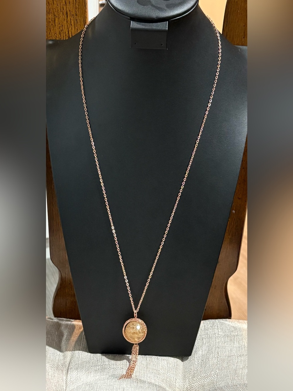 Rose Gold Lariat Necklace with Round Pendant and Tassel